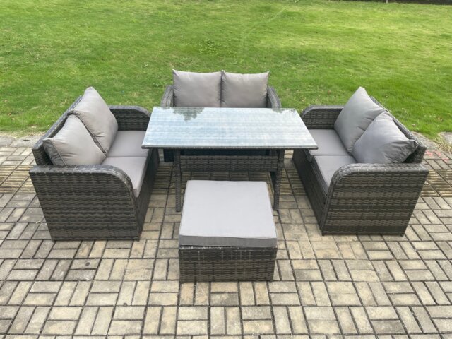 Fimous Wicker PE Rattan Sofa Outdoor Garden Furniture Set with Rectangular Dining Table Big Footstool Dark Grey Mixed