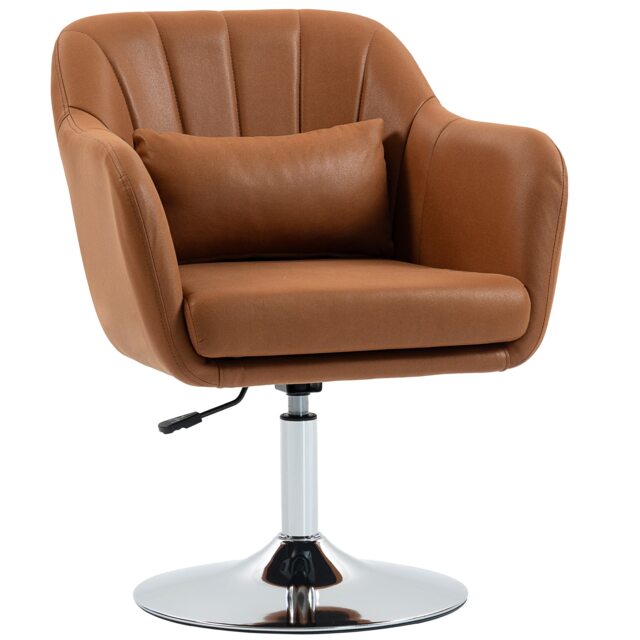 HOMCOM Swivel Microfibre Accent Chair for Living Room Contemporary Vanity Armchair with Adjustable Height Thick Cushion Lumbar Support Armrest for Bedroom Office Brown