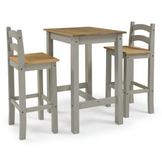 Mercers Furniture Corona Grey Wax Bistro Table and 2 Barstools Kitchen Dining Set Tall High Breakfast Bar Solid Wood Mexican Pine Wooden
