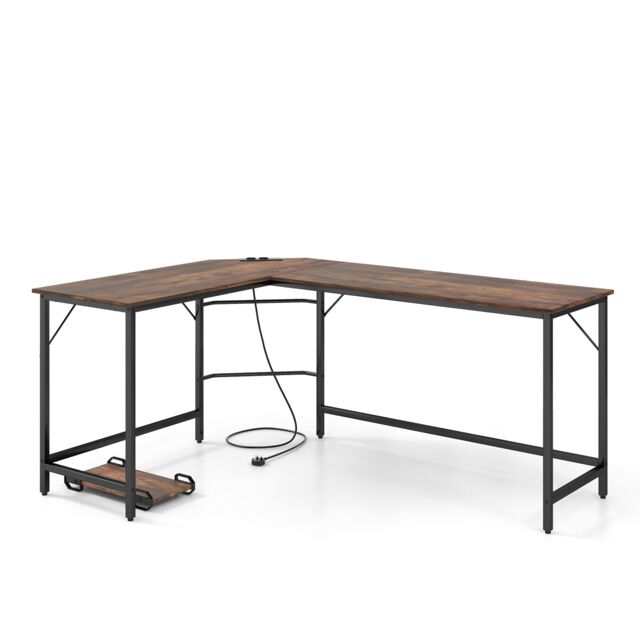 COSTWAY L-Shaped Desk with Power Outlet Computer Desk Brown