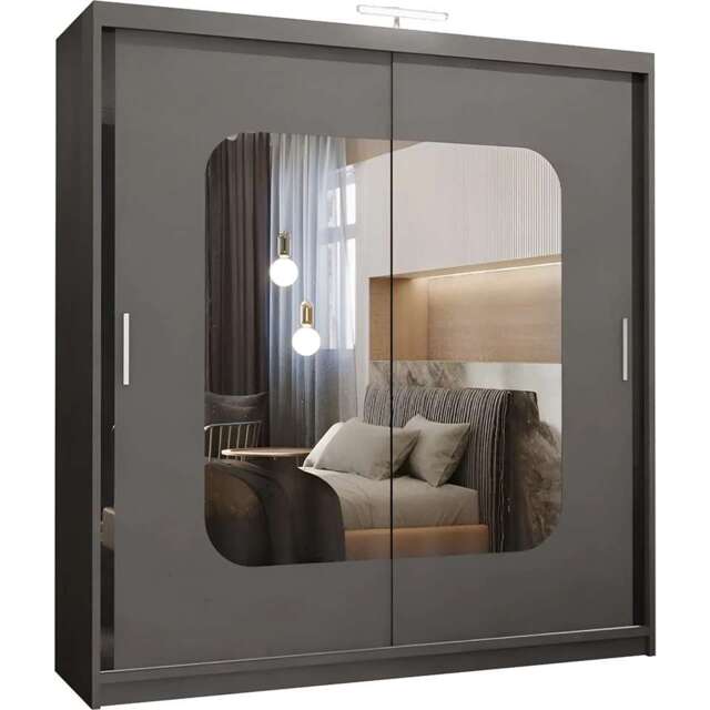 Modern Mirror Sliding Wardrobe with Gloss Strips & Storage