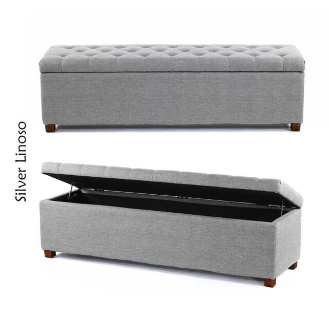 Linoso Chesterfield Silver Ottoman Storage Box with Square Wooden Legs - Upholstered Blanket Box (137W x 40D x 45H cm)