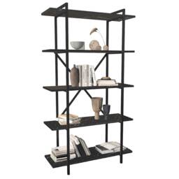 5-Tier Wooden Bookshelf With Metal Frame Living Room Storage & Display Unit Black Black Marble