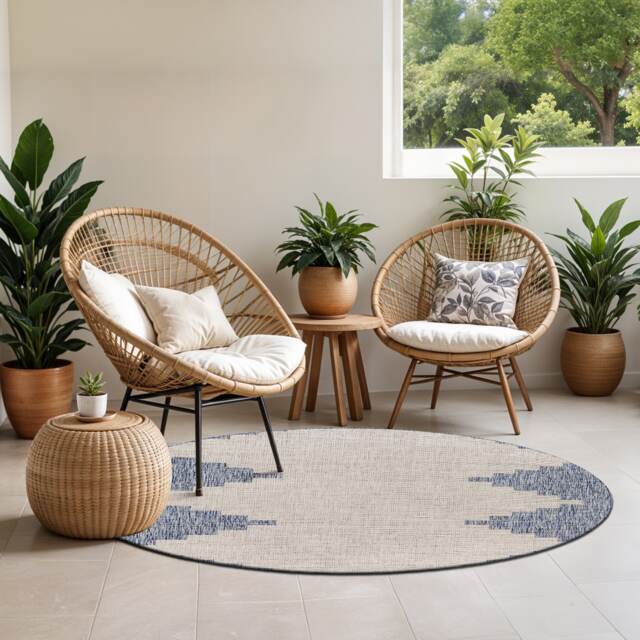 LIVABLISS Eagean-Global In- & Outdoor Round Rug Ø160 cm Blue Grey Taupe Off-White