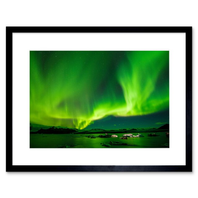 "Northern Lights Aurora Borealis Green 9x7"" Black Framed Wall Art Print"