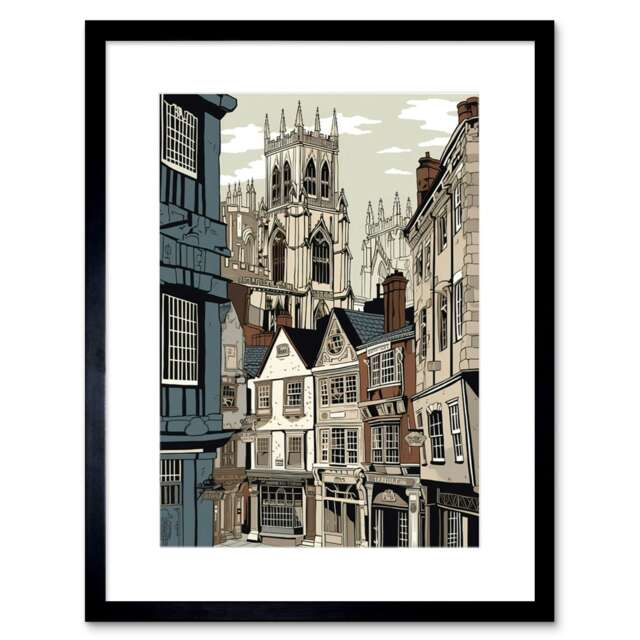 "Shambles Street Cityscape York Minster Towers 9x7"" Black Framed Wall Art Print"