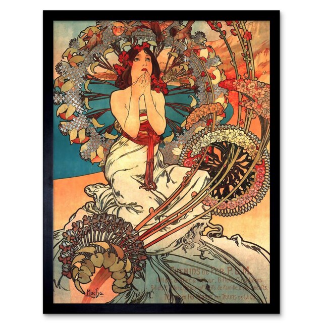 "Painting Mucha Nouveau Woman Spring Floral 12x16"" Framed Wall Art Print"