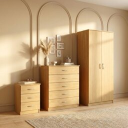 Vida Designs Riano 3 Piece Bedroom Set (3 Drawer Bedside Chest, 5 Drawer Chest, 2 Door Wardrobe) - Pine