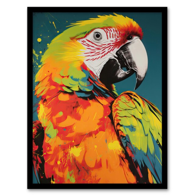 Macaw Neon Orange Green On Teal Exotic Bird Black Framed Wall Art Print A4