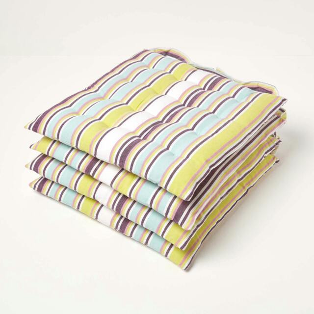 Homescapes 4 x Seat Pads Luxury Cotton Stripe Indoor Outdoor Garden Dining Cushion Green 40 x 40 cm 4