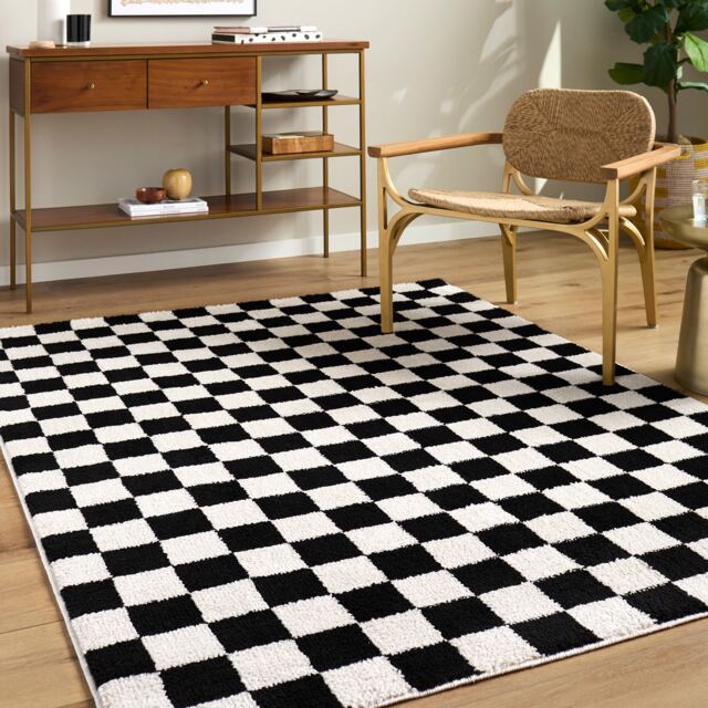 LIVABLISS Fossay Shaggy-Washable Modern High Pile Checkered Rug 200 x 275 cm Cream Black
