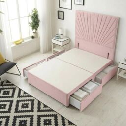 Sunburst Divan Bed with 4 Drawers & 54'' Floor Standing Headboard Plush Velvet Pink Pink