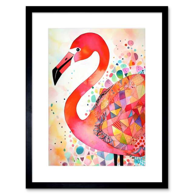"Flamingo Bird Patterns Folk Art Watercolour Painting 9x7"" Black Framed Wall Art Print"