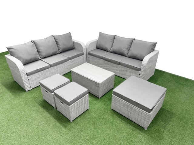 Fimous Outdoor Garden Furniture Sets 9 Seater Wicker Rattan Furniture Sofa Sets with Rectangular Coffee Table high Back Lounge Sofa 3 Stools Light Grey