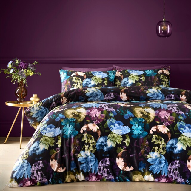 Elena Floral Soft Easy Care Bed Linen Bedding Duvet Cover Quilt Set With Pillow Cases Black King