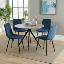 Aspen Grey Oak Effect 100cm Round Dining Table with 4 Straight Stitch Upholstered Fabric Chairs - Modern Dining Set Blue Blue One Size 1