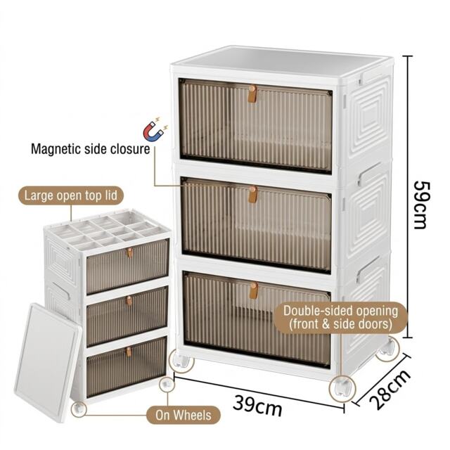 Plastic Storage Drawer Tower Unit with Wheels – 3 Tier Multipurpose Organizer for Home & Office