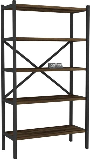 5-Shelf Wood Bookcase Unit With Metal Frame Home Decor Storage and Shelving Multi Burnt Oak 1