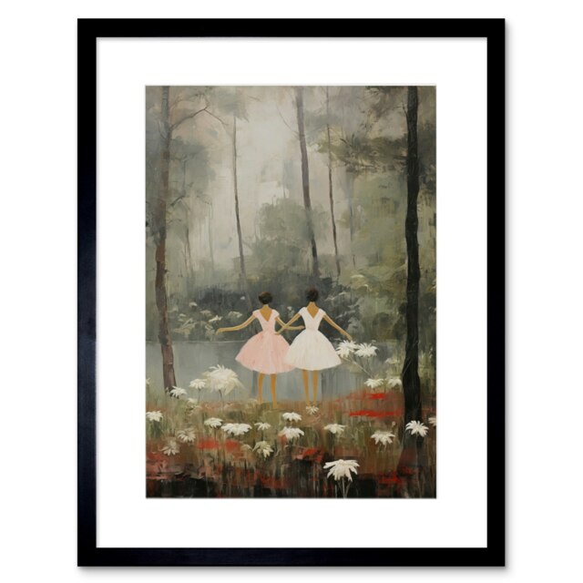 "Forest Ballet Kids Bedroom Ballerinas Dancing Lake 9x7"" Black Framed Wall Art Print"