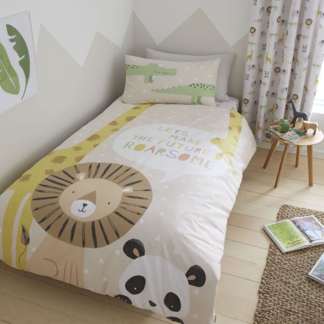 Roarsome Animals Reversible Duvet Cover Set Cream Natural Toddler