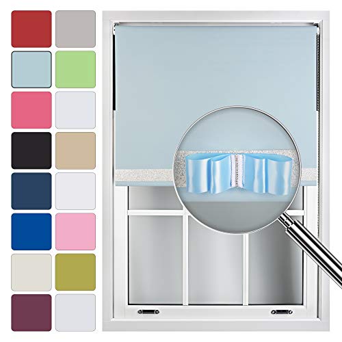 FURNISHED Blackout Roller Blind with Pink Glitter Trim and Duck Egg Bow Cut to Size Blue Duck Egg Blue (W) 210cm x (L) 165cm