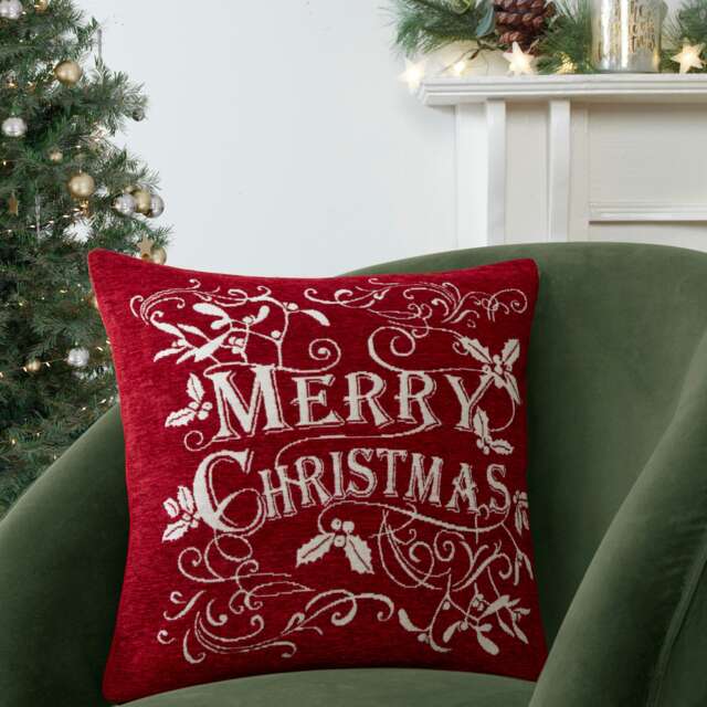 Portfolio Home Mistletoe and Holly 43x43cm Red Chenille Cushion Cover