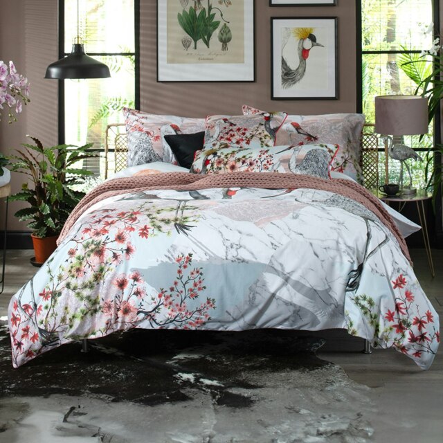 Tsuru Nichi Duvet Cover Set – 100% Cotton, 200 Thread Count, Digital Print & Piped Edge Multi Multicoloured Double