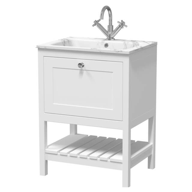 Balterley Coppenhall Contemporary 1 Drawer Floor Standing Vanity Unit with Stone Basin, Pure White, 600mm