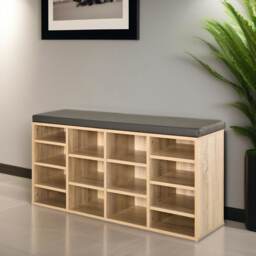 Industrial Shoe Storage Bench With Cushion Seat With 14 Compartments Brown