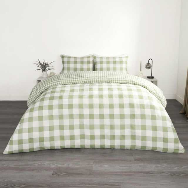 OHS Reversible Gingham Duvet Quilt Cover Bedding Set, Single - Sage Green