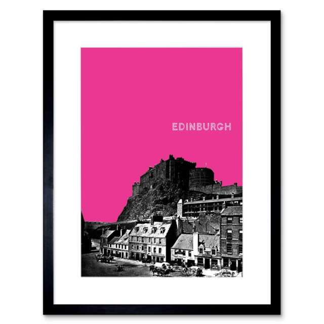"Grassmarket Edinburgh Scotland Scottish Landmark Pink 9x7"" Black Framed Wall Art Print"