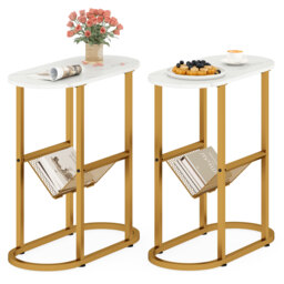 COSTWAY 2 Tier Oval End Table Narrow Side Table Set of 2 Magazine Holder White
