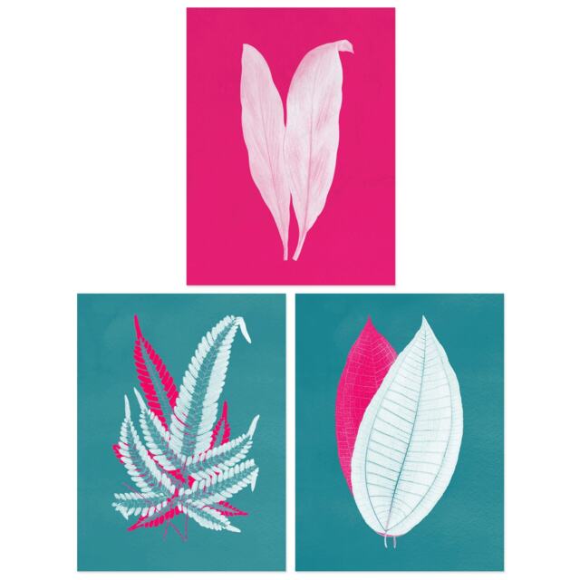 Set of 3 Forest Leaf Fuchsia Pink Teal Modern Botanical Living Room Wall Art Print A4