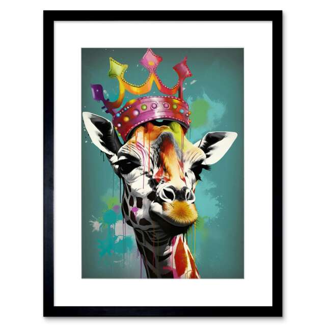 "Giraffe Wearing Rainbow Crown King Queen Pop 9x7"" Black Framed Wall Art Print"