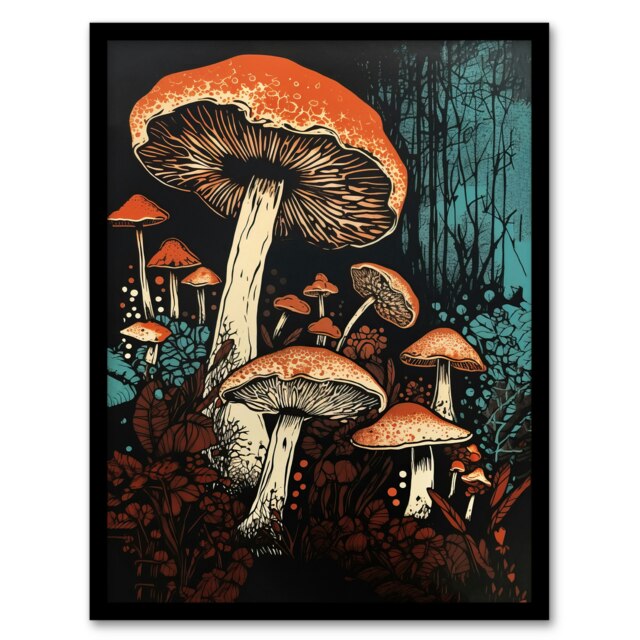 Vintage Fungi Aesthetic Mushroom Earthy Black Framed Wall Art Print A4