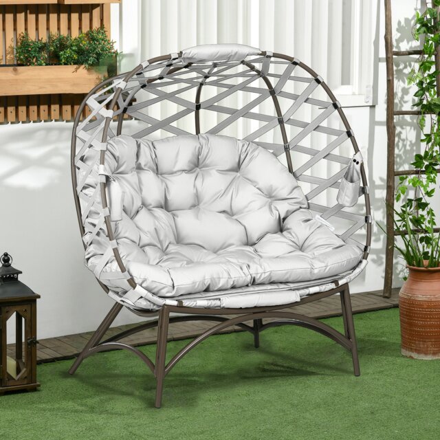 Outsunny Egg Chair Outdoor, 2 Seater Folding Weave Garden Furniture Chair with Cushion, Cup Pockets for Patio Balcony - Light Grey Grey Light Grey