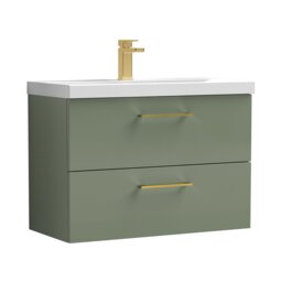 Balterley Wall Hung Bathroom 2 Drawer Vanity Unit and 1 Tap Hole Ceramic Basin, with Handles Green