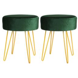 Harbour Housewares 2x Velvet Footstools - Round Modern Dressing Table Footstool Vanity Seat Chairs - 40 x 35cm - Green/Gold Green Green/Gold Pack of 2 2