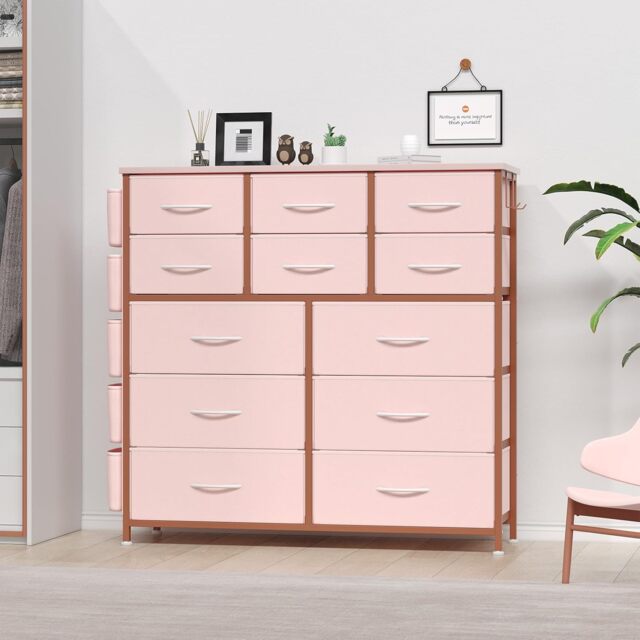 London Boutique 12 Drawer Fabric Dresser & Chests with Side Pockets and Hook - Pink