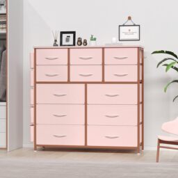 London Boutique 12 Drawer Fabric Dresser & Chests with Side Pockets and Hook - Pink