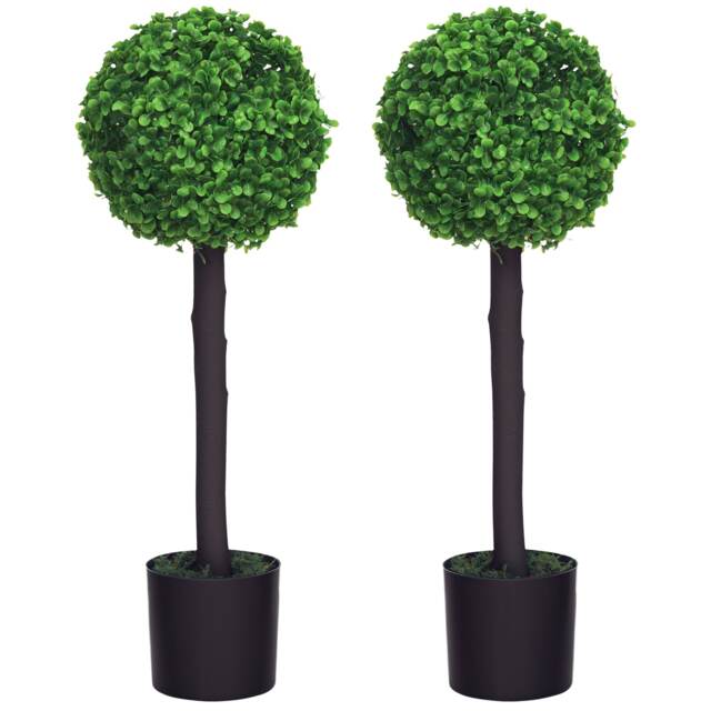 HOMCOM Set of 2 Decorative Artificial Trees, Topiary Ball-shaped Boxwood Trees in Pot, Fake Plants for Home Indoor outdoor Decor, 60cm, 1 Tree Balls
