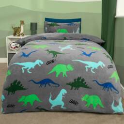 OHS Dino Print Soft Thermal Fleece Duvet Cover and Pillowcase Set, Junior - Grey