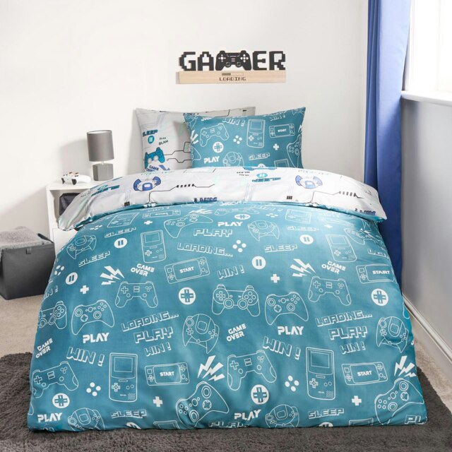 OHS Gaming Reversible Microfibre Duvet Cover and Pillowcase Set, Double - Blue/Grey