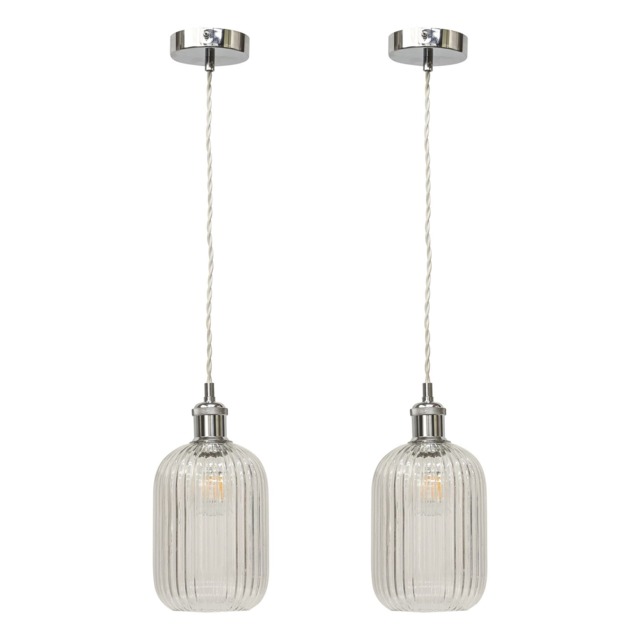 Set of 2 Batley - Clear Ribbed Glass Chrome Retro Pendant Fittings