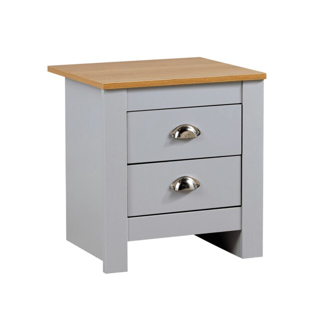 Bedside 2 Drawer Bedroom Furniture Grey Oak Top Metal Handles Wooden Nightstand