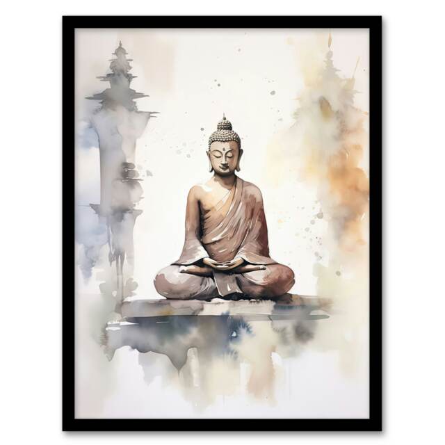 Buddha Vihara Meditation Prayer Soft Neutral Watercolour Framed Wall Art Print
