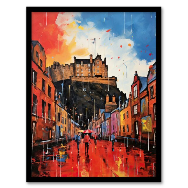 Edinburgh Castle Vibrant Oil Autumn Rain Black Framed Wall Art Print A4