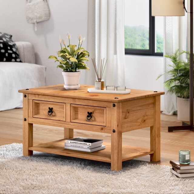 Mercers Furniture Corona 2 Drawer 1 Shelf Coffee Table Solid Wood Pine Wooden with Mexican Styling