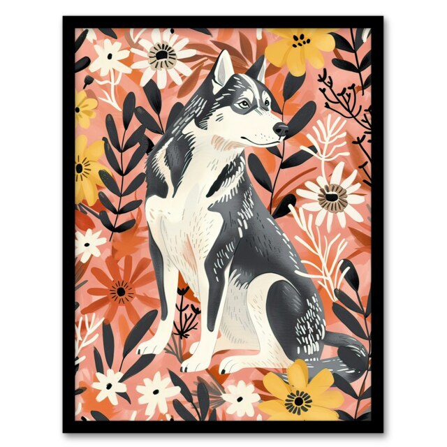 Dog Lover Siberian Husky Rustic Pink Floral Black Framed Wall Art Print A4