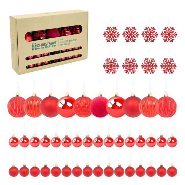 50PK Shatterproof Baubles -Red